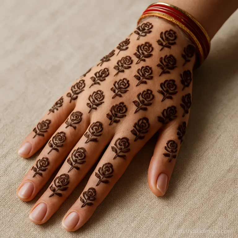 Easy full hand mehandi with repeat roses covering the back hand