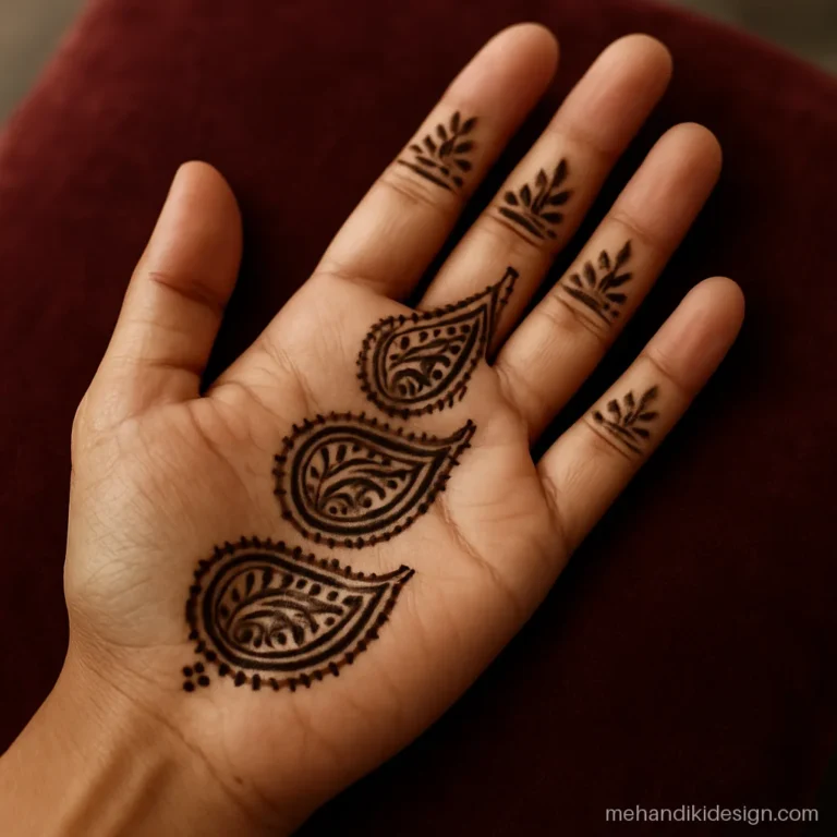 Easy front full hand mehandi design with stacked paisleys