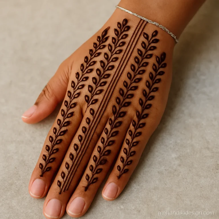 Easy full hand mehandi design with repeat leaf columns up to the wrist