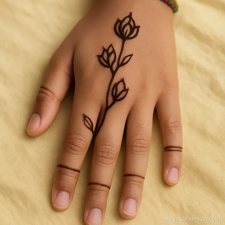 Lotus wali mehandi with three small buds climbing the index finger
