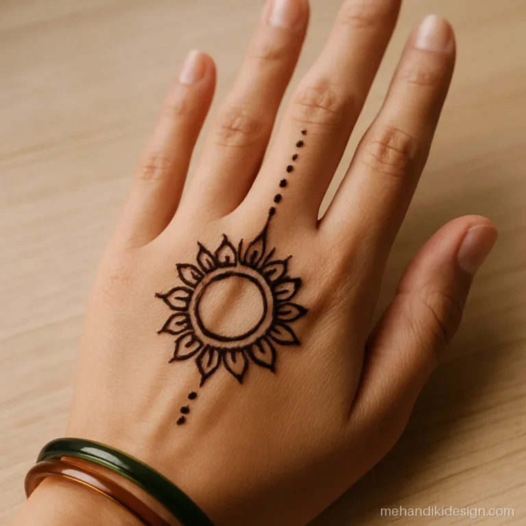 Easy mandala mehandi with sun ray petals and a line to the index finger