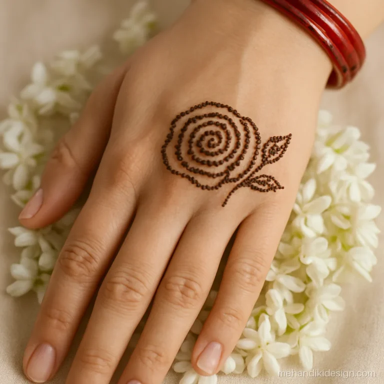 Mehandi designs easy with a dot rose made by spiral dotting