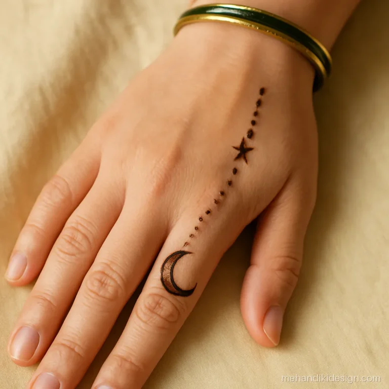 Easy mehandi with a crescent moon and dot trail on the back hand