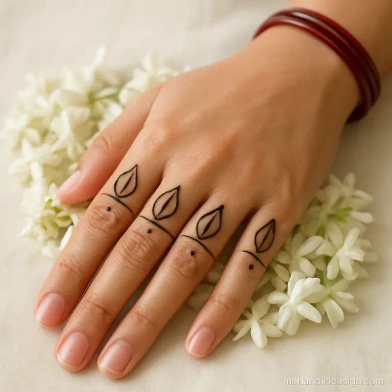 Basic mehandi design with petals and dots in a row across the knuckles