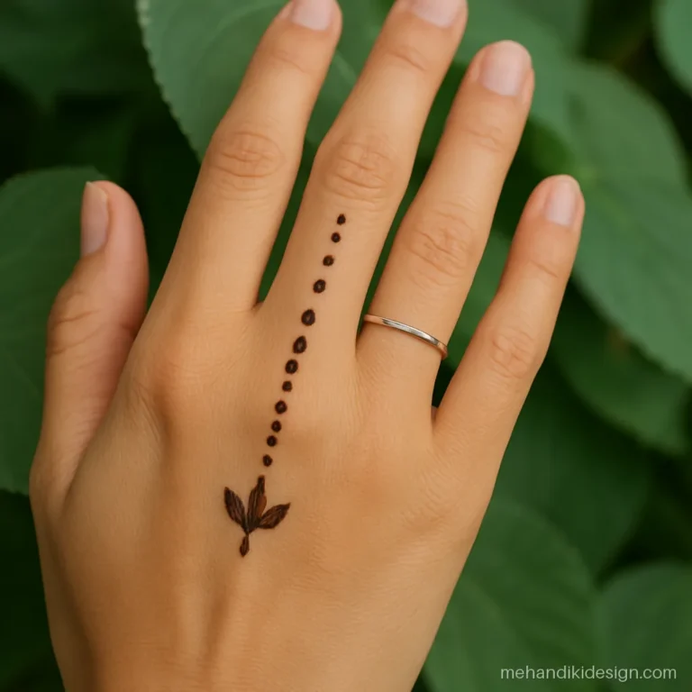 Basic mehandi design of a dot chain running down the index finger