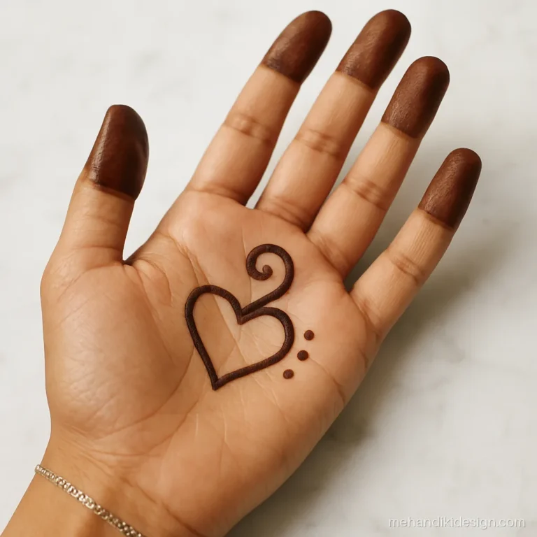 Easy mehandi design with a small heart and swirl in the palm centre