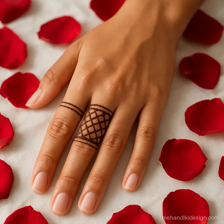 Easy mehandi design photo with checks on two fingers and plain rings