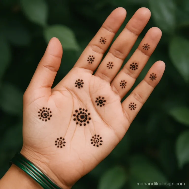 Easy mehandi images of dot flowers scattered across the palm and fingers