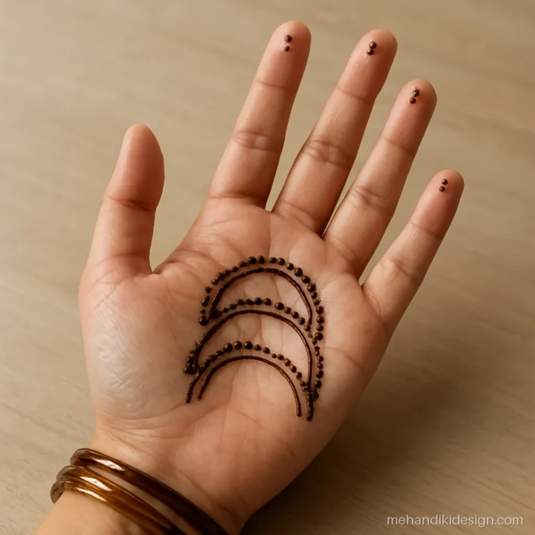Easy mehandi photo of half-moon arches stacked in the palm with dotted edges
