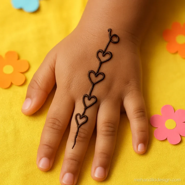 Easy mehandi pic of tiny hearts and a bel on a child's hand