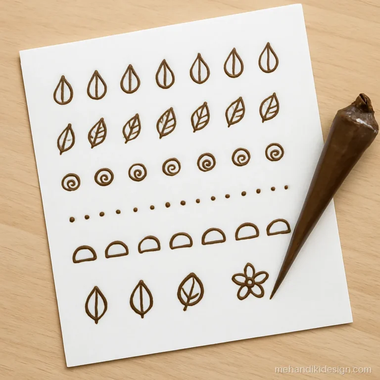 Mehandi practice sheet photo showing basic petals, leaves and dot patterns for beginners
