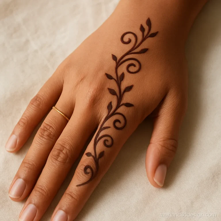 Easy mehandi photo of a swirl vine curling across the back of the hand