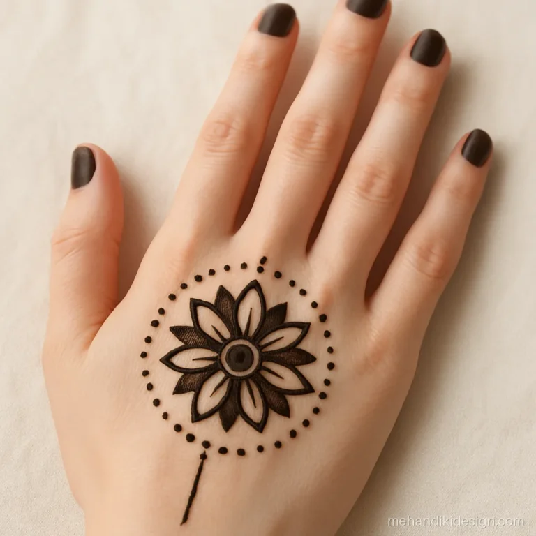 Easy mehandi design with one round flower and dots on the back of the hand