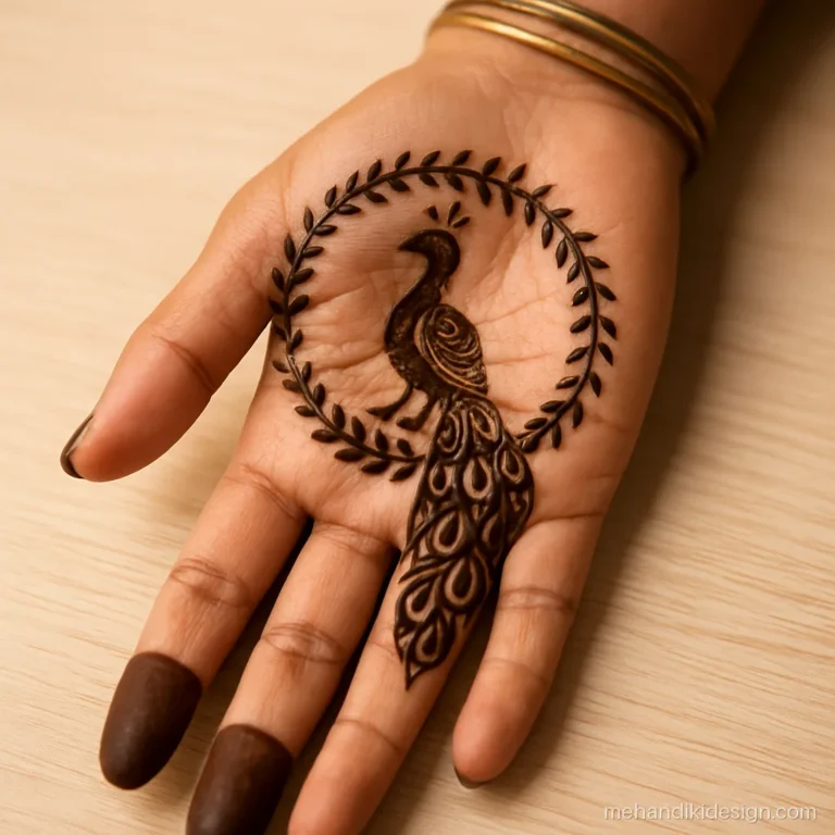 Easy mor mehandi design in the centre of the palm with leafy border