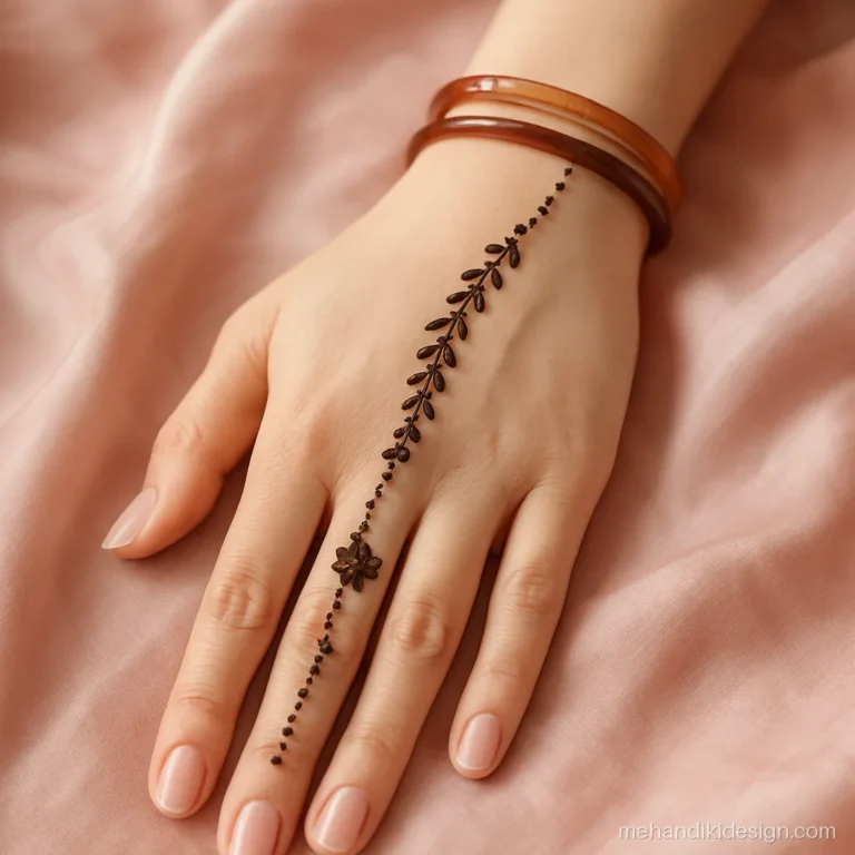 Easy mehndi design for right hand with a dot trail to the ring finger
