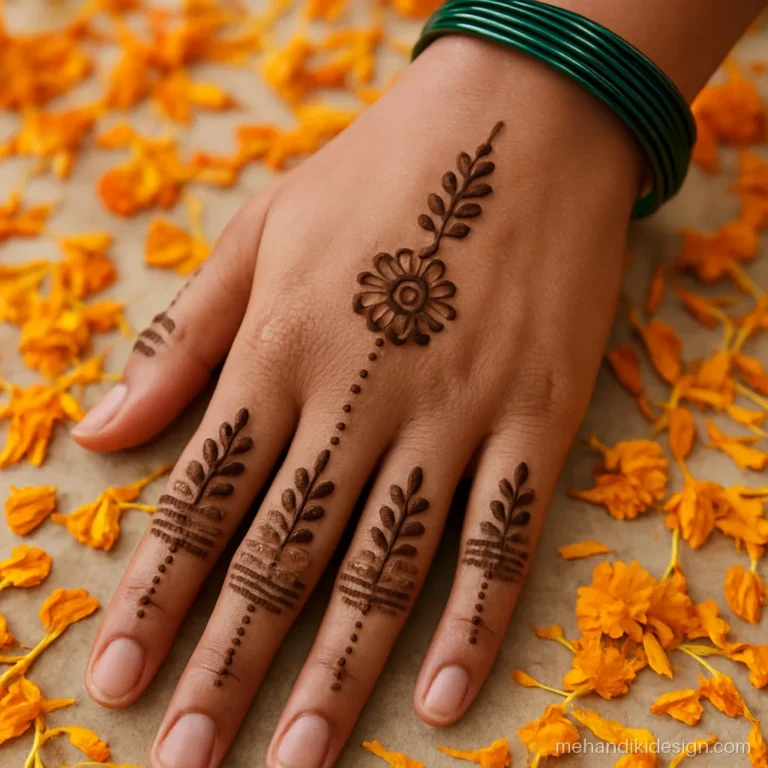 Easy wedding mehandi with finger designs and a small back hand motif