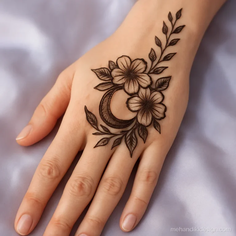 Eid mehandi design blending a crescent with Arabic florals on the hand
