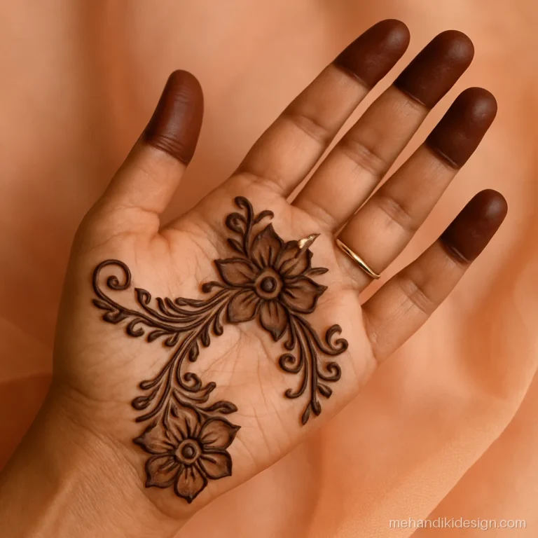 Eid mehandi design with two Arabic floral trails across the palm