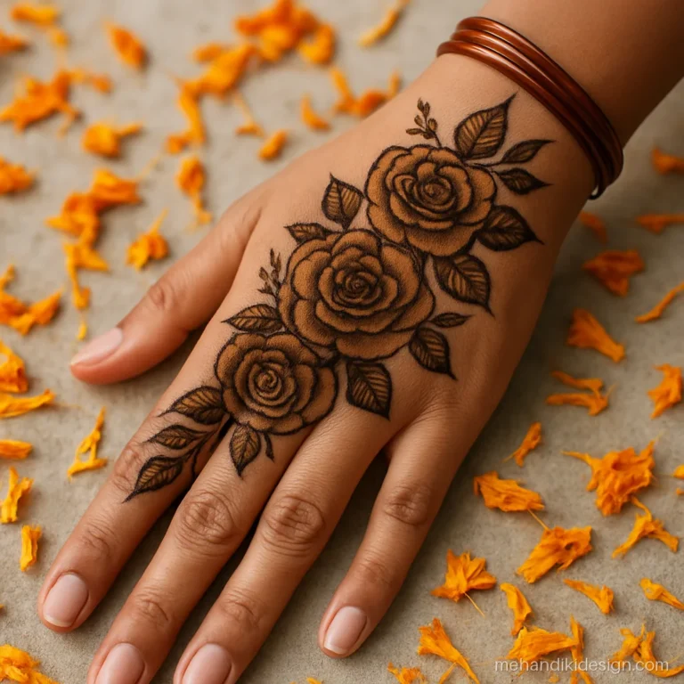 Arabic floral Eid mehandi design with shaded roses in a diagonal