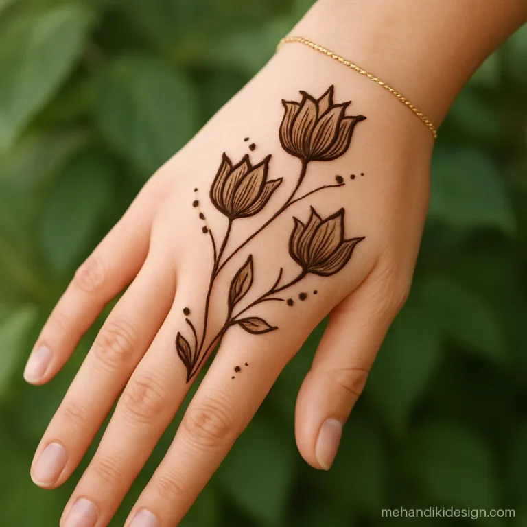 Mehandi design for Eid with Arabic tulips rising from the wrist
