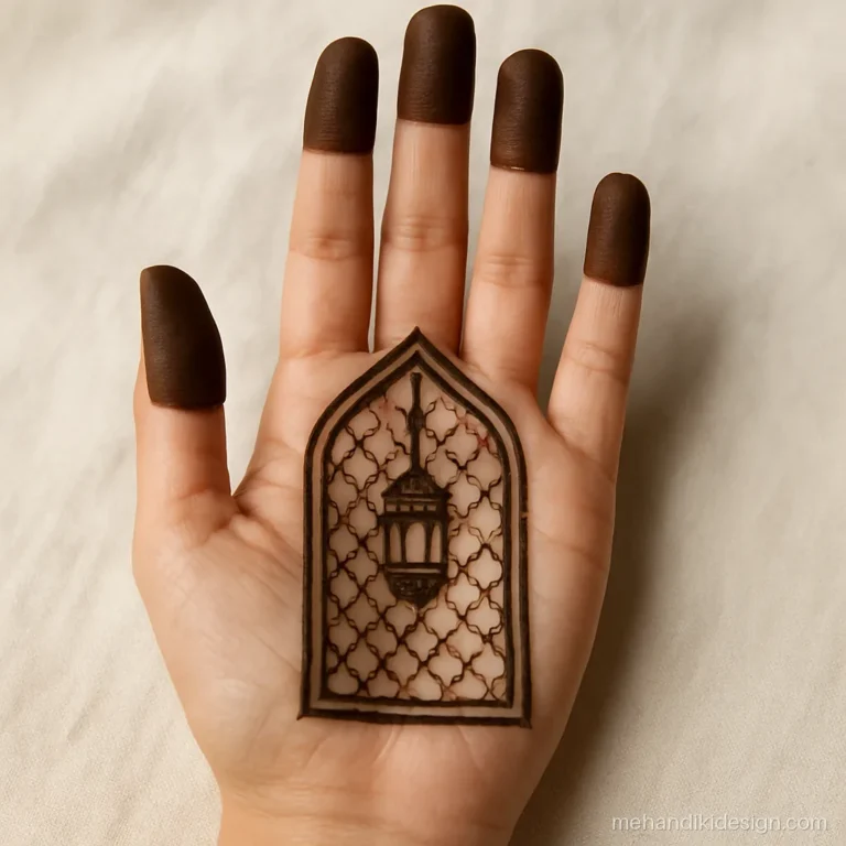 Eid mehandi design with a mosque arch window and jaal in the palm