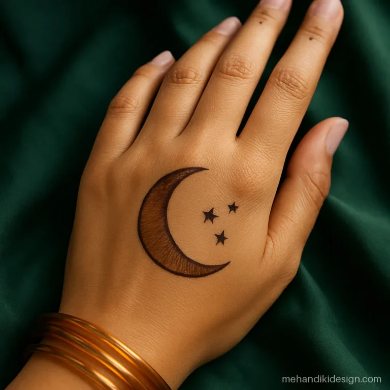 Eid mehandi design with a crescent moon and three stars on the back hand