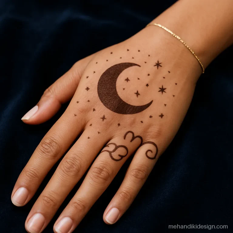 Eid mehandi design with a filled moon on a dotted night sky