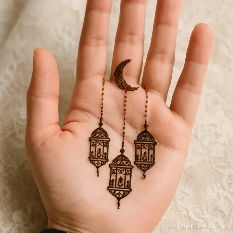 Eid mehandi design with lanterns hanging from the fingers on fine chains