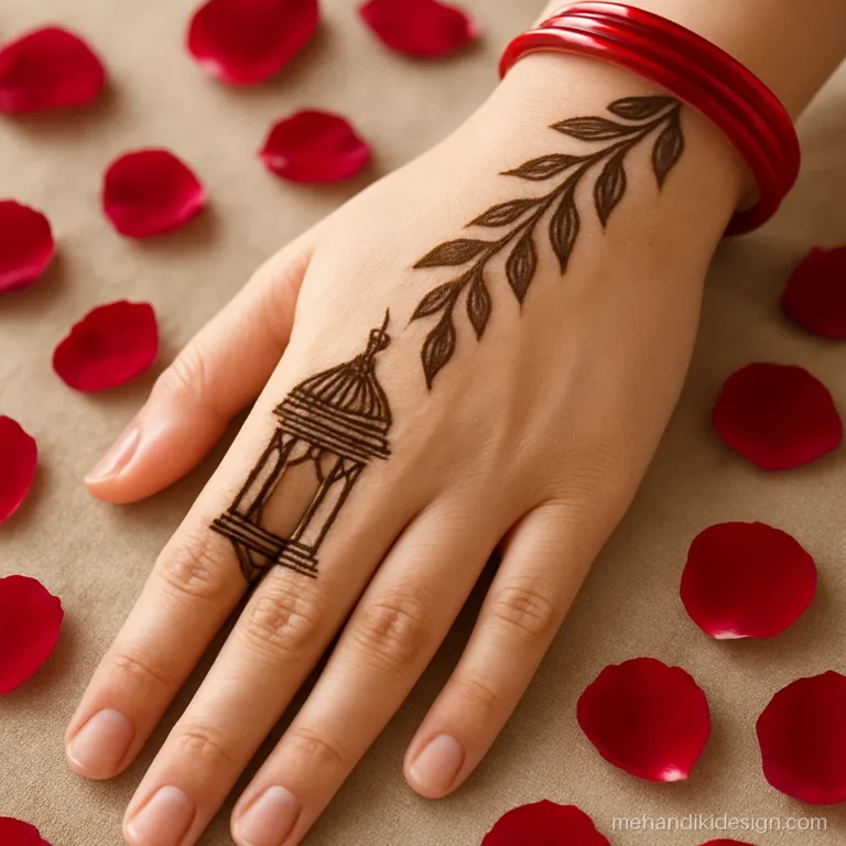 Mehandi design for Eid with a single lantern and Arabic leaf trail