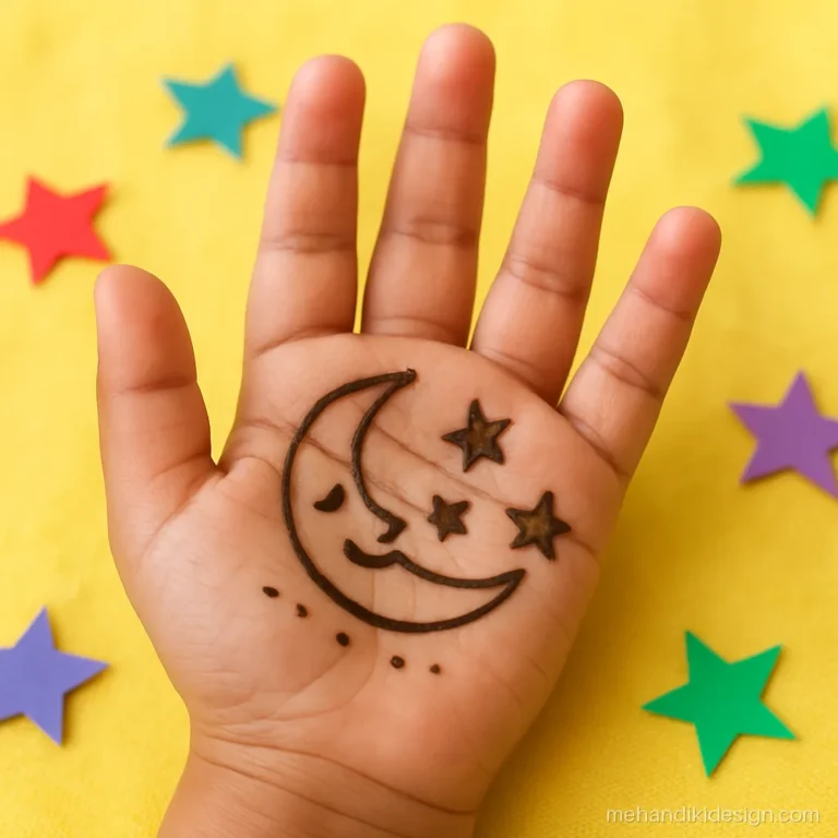 Eid mehandi design for a child with a smiling moon and stars