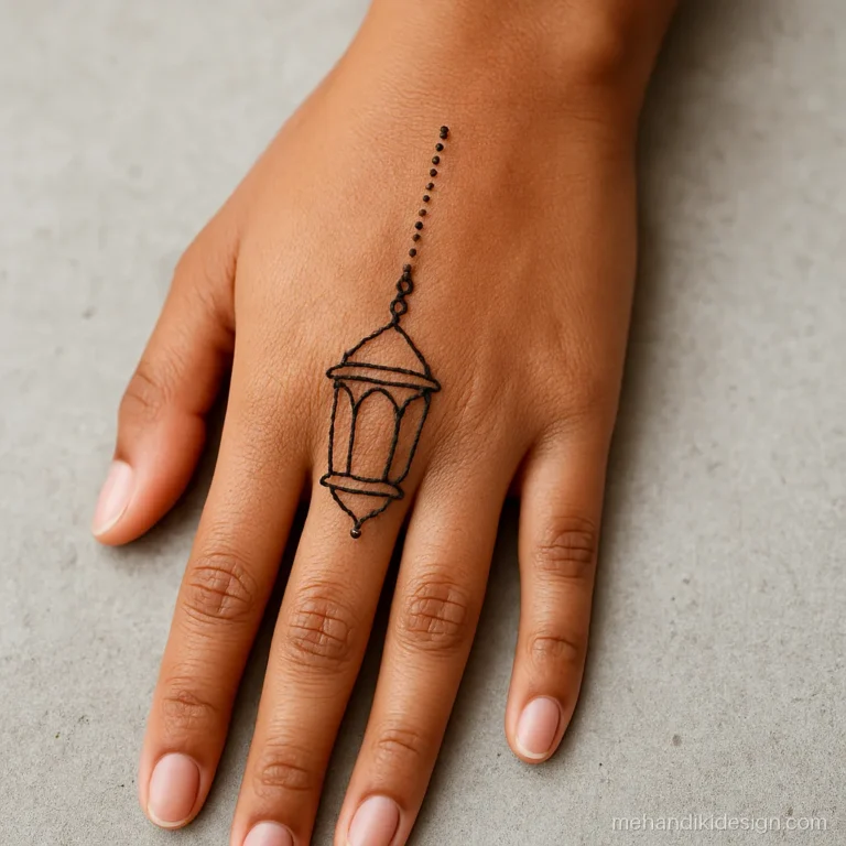 Minimal Eid mehandi design with an outline lantern on the side of the hand