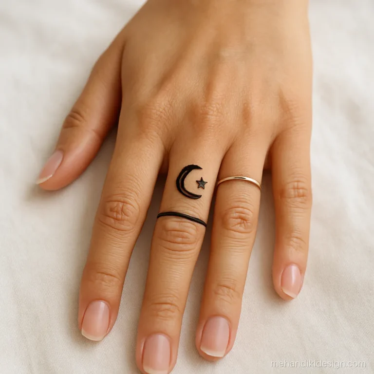 Minimal Eid mehandi with a tiny moon and star on one finger
