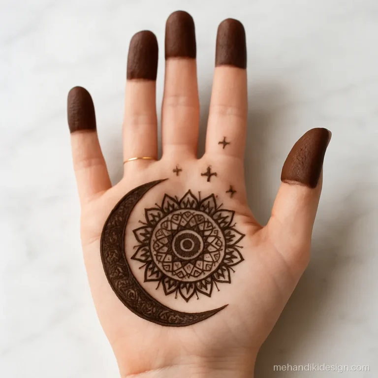 Eid mehandi design with a crescent moon wrapped around a palm mandala