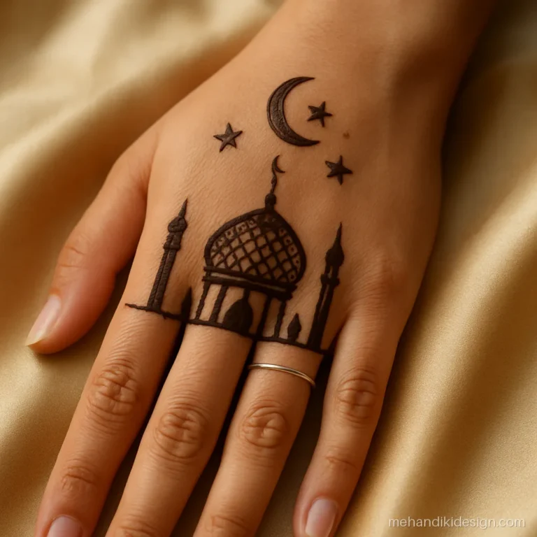 Eid mehandi design with a mosque dome and minaret skyline near the wrist