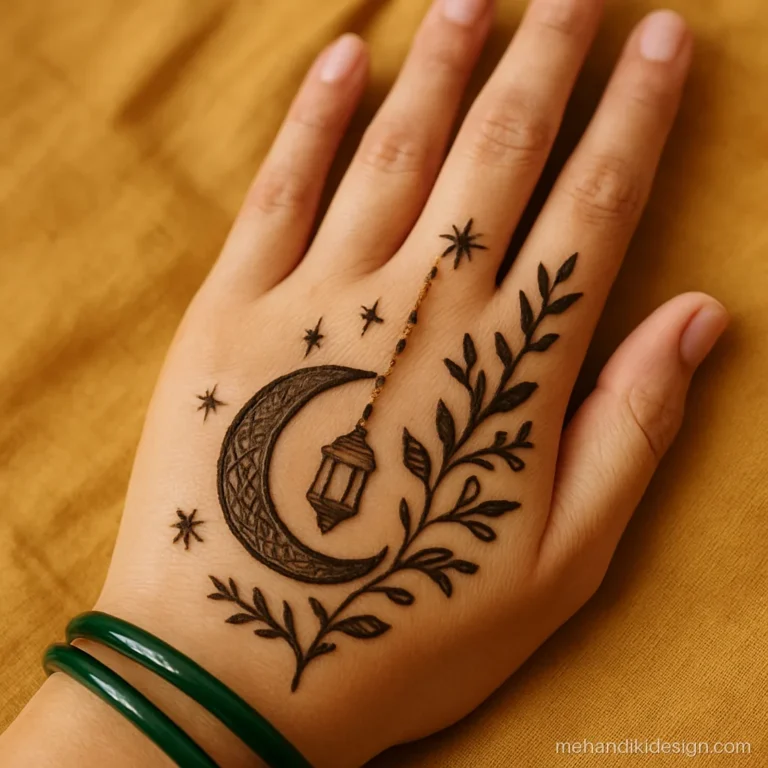 Eid mehandi pic with a crescent moon and hanging lantern on the hand