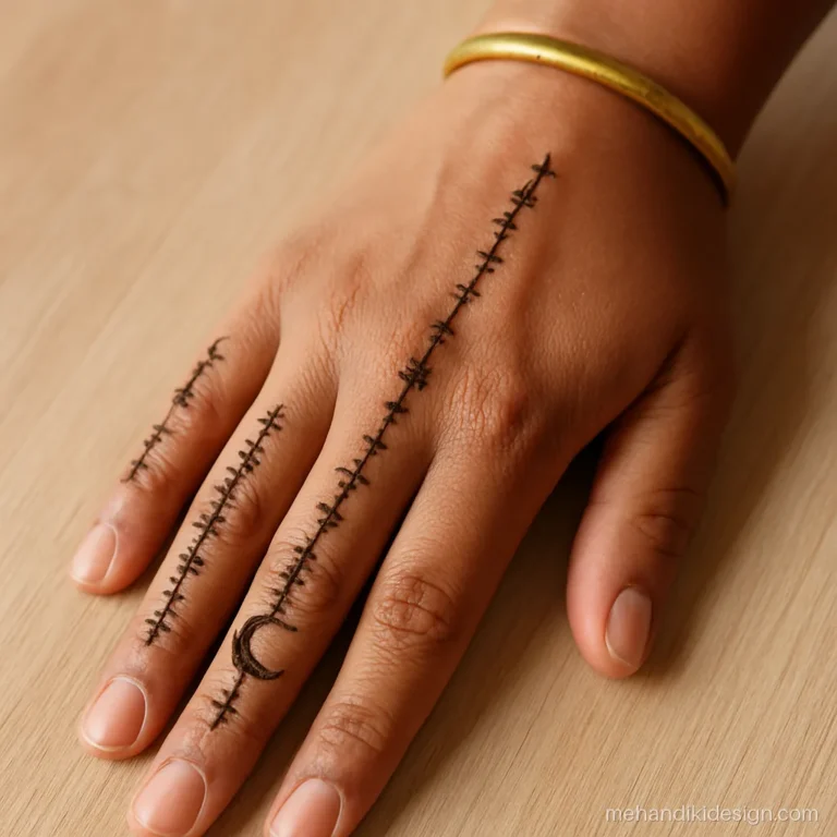 Mehandi design for Eid with star chains on fingers and a moon on the wrist