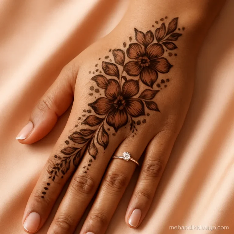 Engagement mehandi in Arabic semi bridal style with a diagonal shaded flow