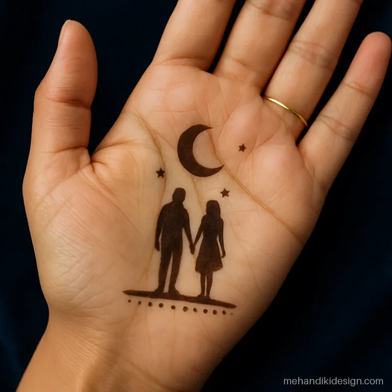 Engagement mehandi design with a small couple silhouette under a moon