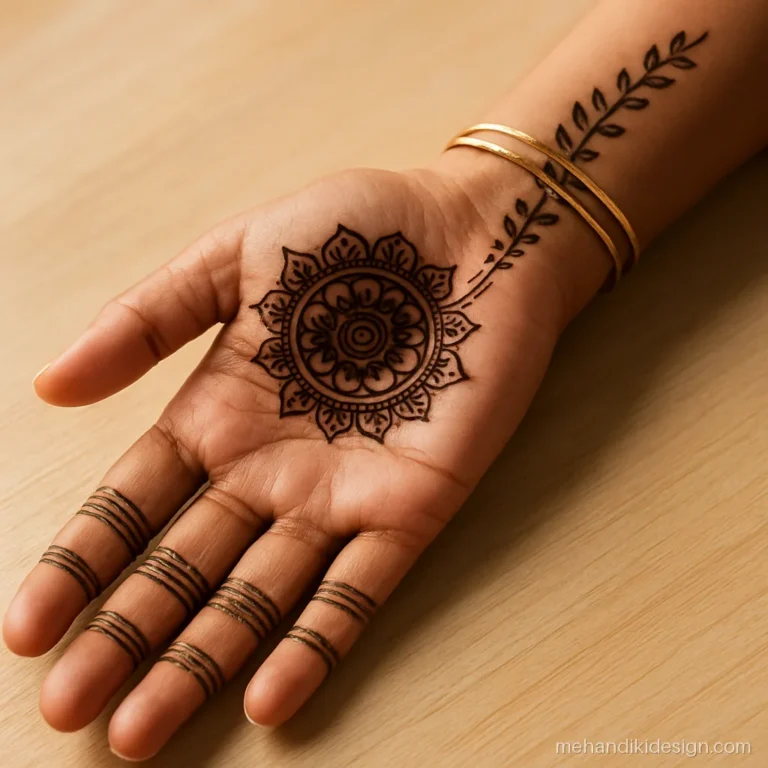 Engagement mehandi design with a palm mandala and leaf trail to mid forearm