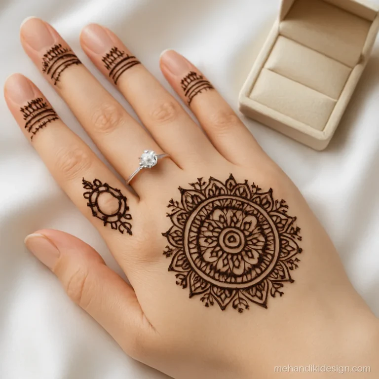Engagement mehandi design that leaves the ring finger bare inside a floral frame