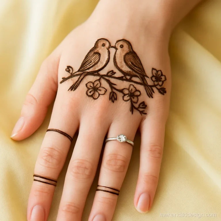 Engagement mehandi with two lovebirds on a flowering branch