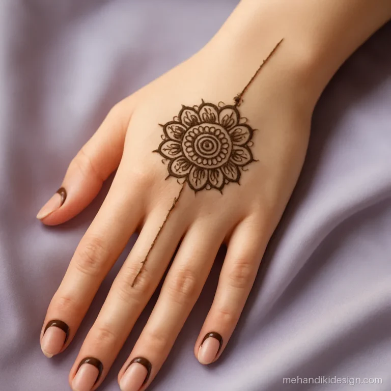 Engagement mehandi with a mini mandala on the wrist and finger tips