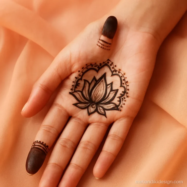 Engagement mehandi design photo with a framed ring finger and lotus palm
