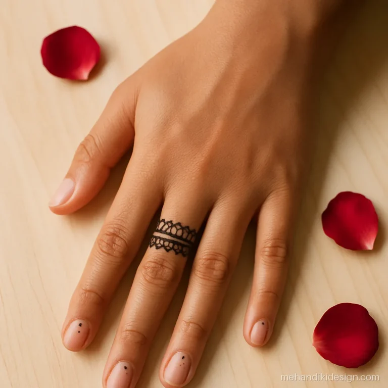 Engagement mehandi with a lace band on the ring finger only
