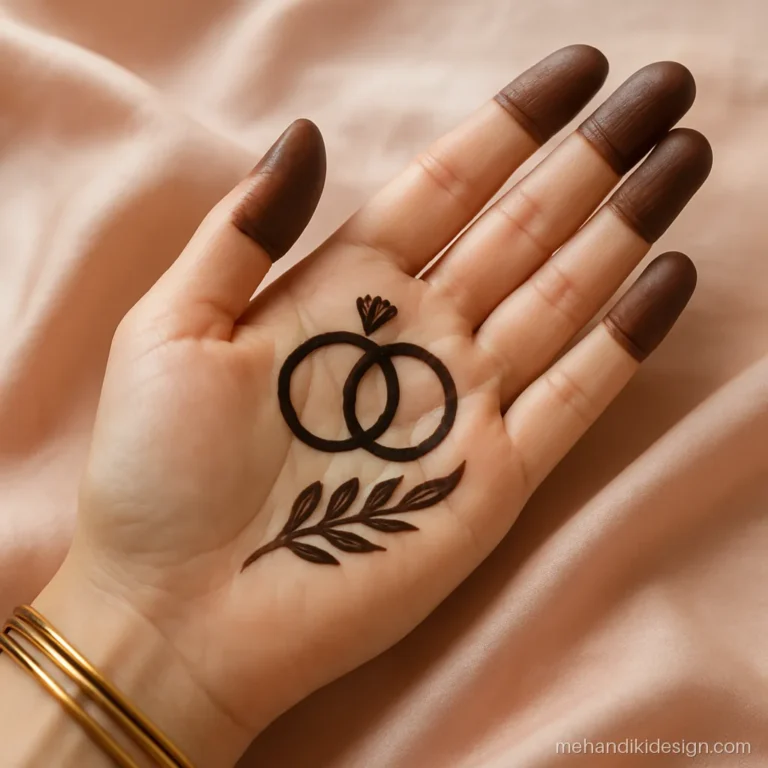 Engagement mehandi with two linked rings drawn on the palm