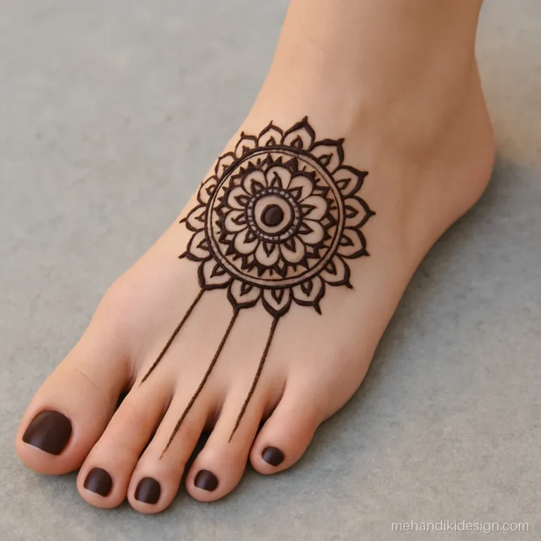 Mehandi design picture of a mandala on top of the foot with toe caps