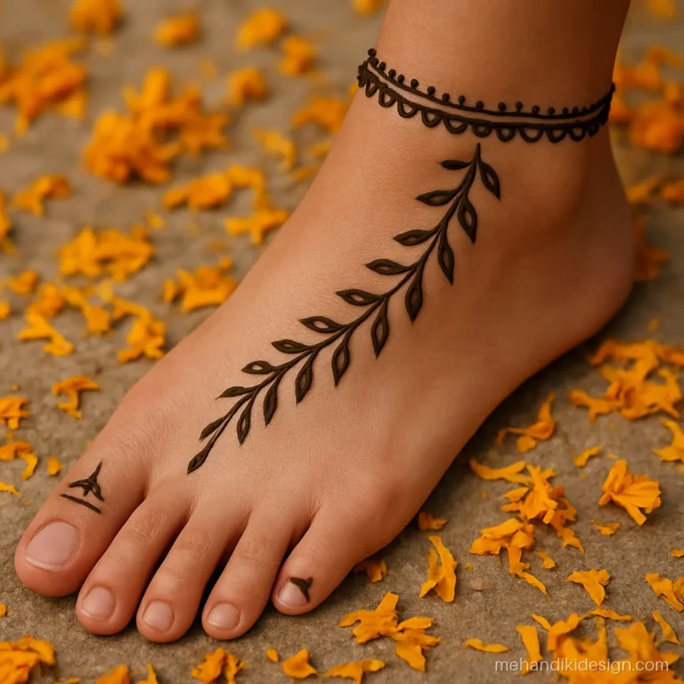 Mehandi picture of feet with a toe bel and an anklet band