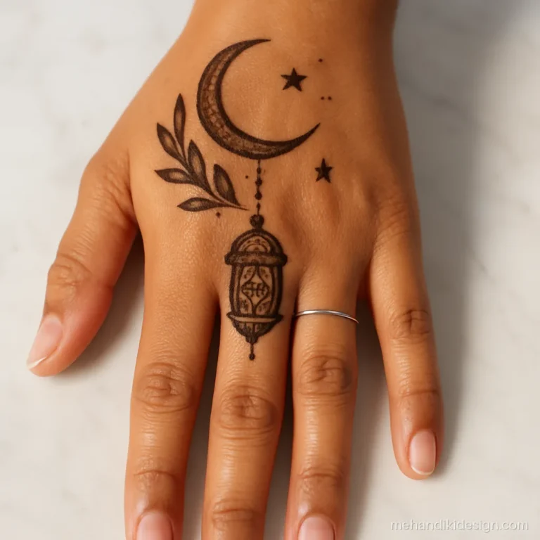 Mehandi back hand design for Eid with a hanging lantern and moon