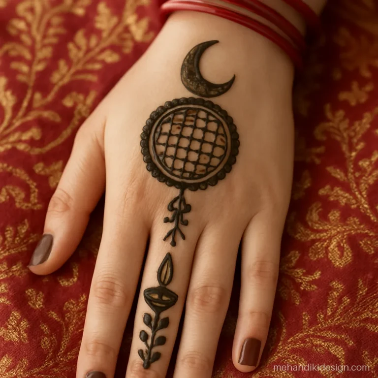 Back mehandi design for Karva Chauth with chand, chalni and diya