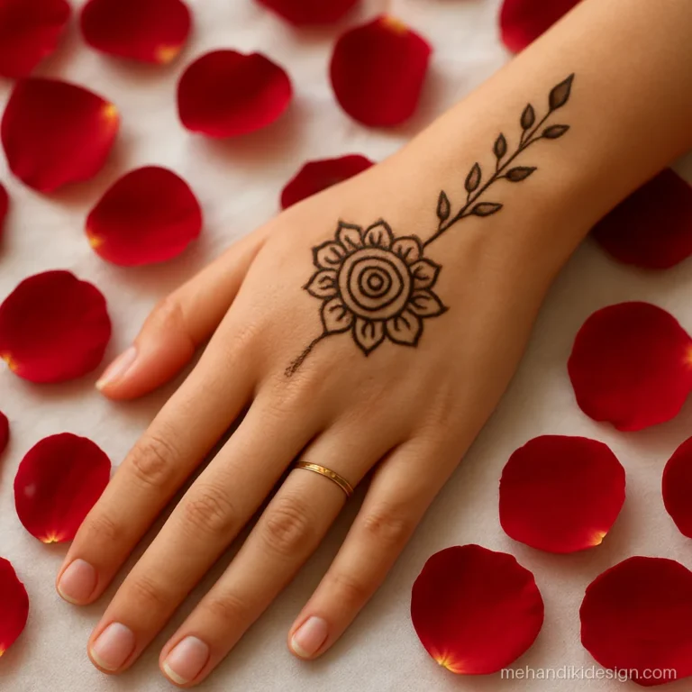 Back side mehandi for Raksha Bandhan with a rakhi knot on the wrist
